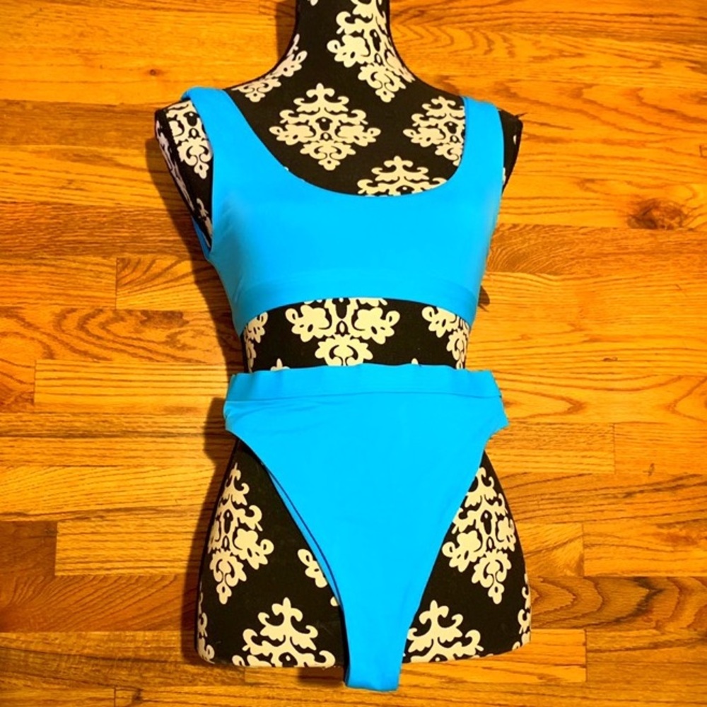 NWT Neon Turquoise High Cut Waist Bikini Swim Set